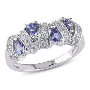 Amour Sterling Silver 3/5 CT TGW Tanzanite Teardrop Pave Journey Ring