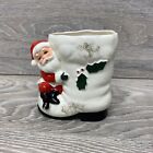 Vintage Christmas Planter Santa Claus Sitting On White Boot Candy Cane Holder
