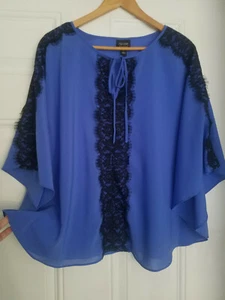 Women's Nicole Miller Silky Blue Black Lace Stylish Loose Fit Flowy Blouse S - Picture 1 of 12