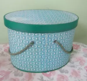 VINTAGE TEAL GREEN SEWING BOX / 11" X 8" X 8" / ROPE HANDLES - Picture 1 of 10