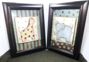 BERNADETTE DEMING☆SIGNED ART☆FRAMED☆BABY GIRAFFE & BABY ELEPHANT☆12.5" x 10.5" - Picture 1 of 1
