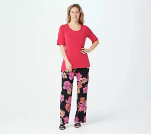 Pantaloni Susan Graver stampati regolarmente a maglia liquida corallo nero M nuovi - Foto 1 di 1