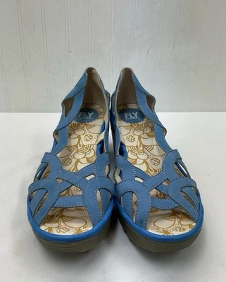 Fly London Yadi 蓝色露趾皮革懒人鞋楔形凉鞋 | EU 41 码 — 第 1/4 张图片