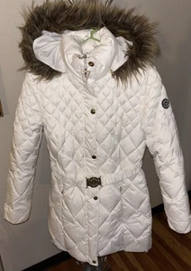 GUESS Women’s White Coat FURS Hooded Puffer Size M in Excellent Condition - Picture 1 of 12