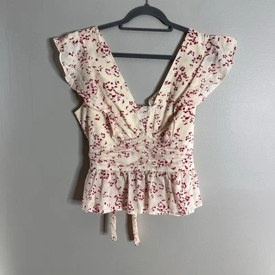 H&M Size XL Floral Cream Red V-Neck Peplum Ruffle Shoulder Blouse Cotton Top - Image 1 of 4