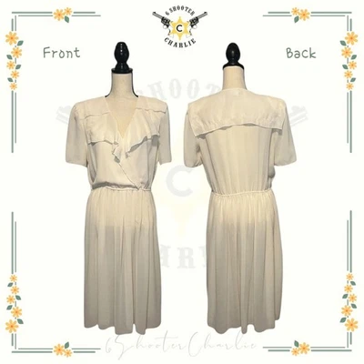 复古 20 世纪 60 年代 LESLIE FAYE 象牙色荷叶领 Cottagecore 连衣裙联盟尺寸 12 — 第 1/4 张图片