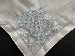 A+ Vintage Hankie Blue Monogram J Madeira Style Hand Embroidered Wedding Bride - Picture 1 of 6