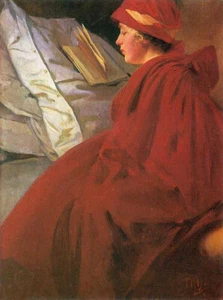 Oil painting Alphonse-Maria-Mucha-Red-Coat young girl lady woman reading book - Picture 1 of 1