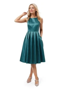 REVIEW Dress 10 Teal Prom Midi Pleated Satin Sleeveless Formal Party Event Retro - Picture 1 of 7
