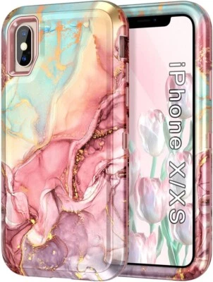 Funda protectora rosa resistente para iPhone X/XS con patrón de mármol Foto 1 de 4