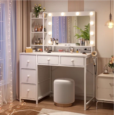 ENHOMEE Vanity with Mirror and Lights Makeup Vanity Desk with 5 Fabric Drawers