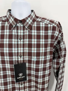 NWT Ariat Pro Men's Large Tall LT Western Shirt Blue Brown Plaid Cowboy Cotton - Picture 1 of 9