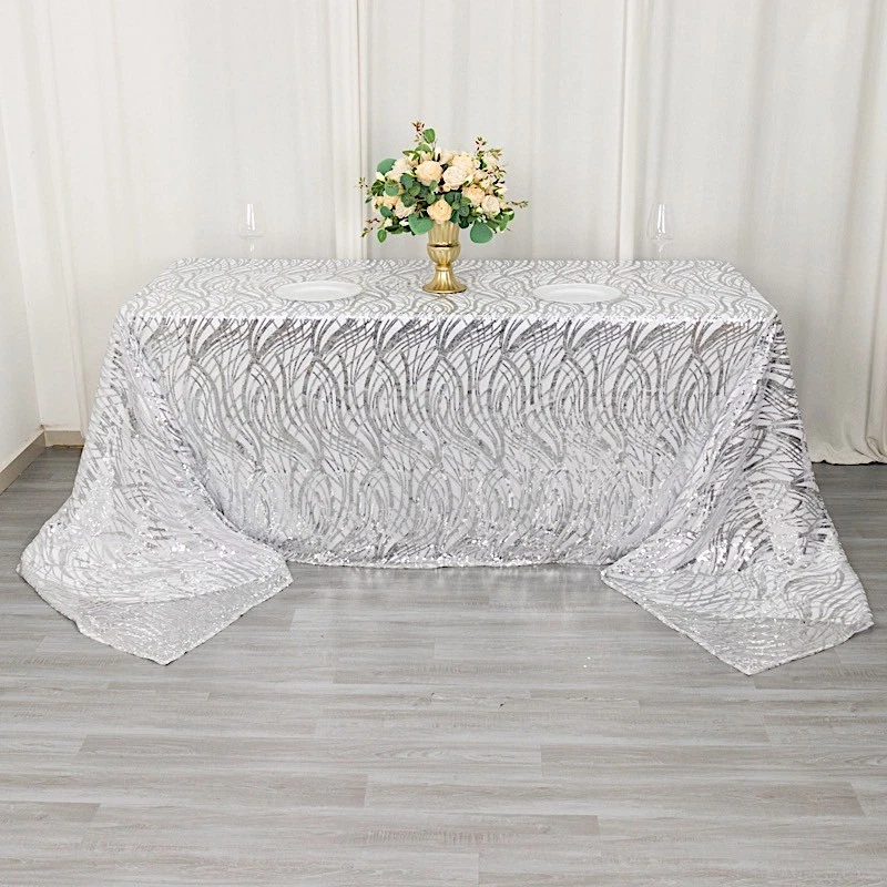 90x156 in SILVER Wavy Sequined Mesh Rectangle TABLECLOTH Party Events - Image 1 of 4