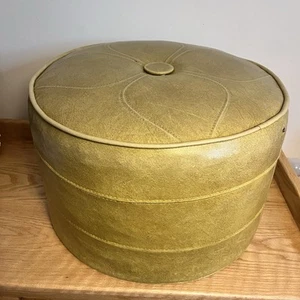 Vintage Vinyl Round Ottoman Mustard Yellow MCM Foot Stool Hassock Faux Leather - Picture 1 of 12