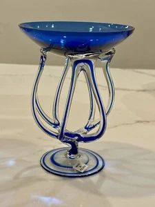 Vintage Mid Century Poland Cobalt Blue Glass Jellyfish Trinket Dish Art Glass 7” - Picture 1 of 10
