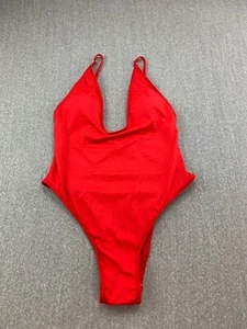 Deep V High Cut 1 PC Swimsuit Womens size L Red Silky Smooth Sexy Thin Strap - Picture 1 of 13