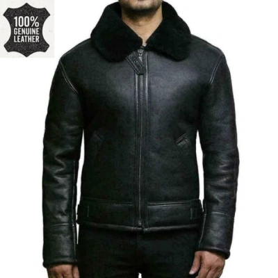 Men's B3 RAF Aviator Real Leather Pilot Flying Bomber Shearling Fur Black Jacket - Image 1 of 4