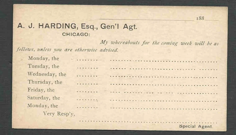 Ca 1887 PC CHICAGO IL UX9 UNPOSTED SALESMANS CALLING CARD FOR INSURANCE CO - Image 1 of 1