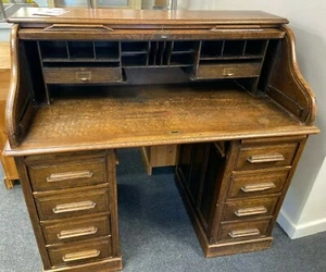 Antique English Edwardian 4ft Solid Oak Roll Top Pedestal Office Library Desk - Picture 1 of 12