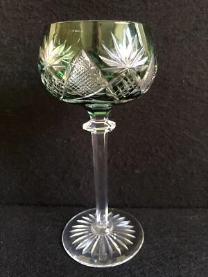SUPERB Val St Lambert "BERNCASTEL"  Green Crystal Cut to Clear WINE/HOCK - 7⅛" - Image 1 of 4