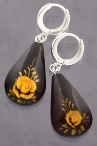 Carved Cameo Rose Genuine BALTIC AMBER Silver Dangling Earrings 4.1g 250211-16 - Picture 1 of 6