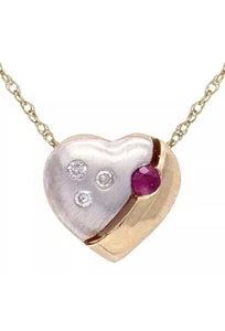 10k Two Tone Gold 18" Necklace with Heart Ruby & Diamonds Charm Round Pendant - Picture 1 of 6