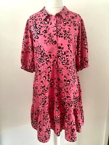 New Look Size 16 Pink & Black Floral Smock Tiered Dress Buttons Short Sleeved - Picture 1 of 13