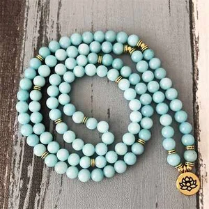8MM 108 Aquamarine Buddha beads Lotus Pendant Bracelet spirituality - Picture 1 of 3