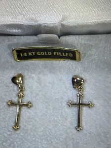 14kt GOLD Filled CROSS RELIGIOUS PIERCED EARRINGS - Picture 1 of 1