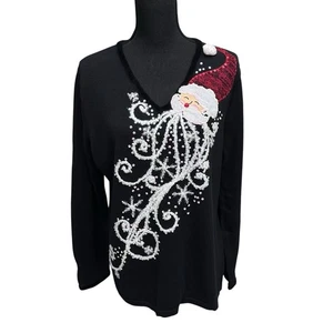 Berek Christmas Sweater Women’s Size XL (14 16) Santa Black Embroidered Sparkle - Picture 1 of 10
