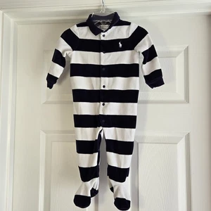 Ralph Lauren Rugby Stripe Blue White One Piece Sleeper Size 9 Months Snap Front - Picture 1 of 5