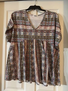HAPTICS By Holly Harper 2X Women's Short Sleeve Babydoll Aztec Top - Picture 1 of 7