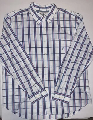 Nautica XXL 2XL Button Up Dress Shirt Men  Plaid Long Sleeve White 100% Cotton - Image 1 of 4