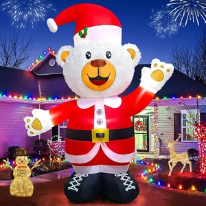 8Ft Christmas Inflatables Fluffy Bear with Santa Hat Cute White Bear Decoration - Picture 1 of 12