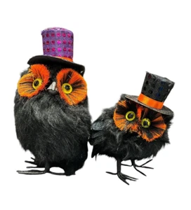 Halloween Black Feathered Owls with Sparkly Top Hats • Set of 2 • Gothic Decor - Picture 1 of 3