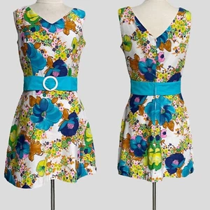 70s vintage mod minidress sleeveless floral hippy whimsy pattern print belt. - Picture 1 of 13