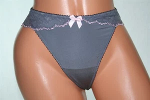 Shiny Grey Thong with Sheer Floral Lace Bands with Pink Tips and Bow Size 12/XL - Picture 1 of 2