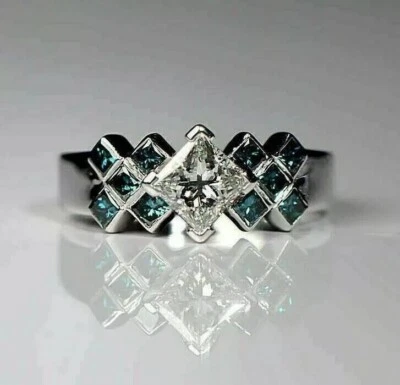 2Ct Princess Cut Simulated Blue Topaz Cluster Wedding Ring 925 Silver - Image 1 of 4