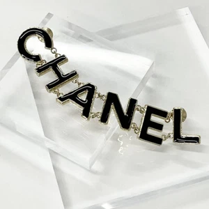 CHANEL Logo Black Enamel Brooch Gold Tone Pin B22A Auth #03746 - Picture 1 of 5