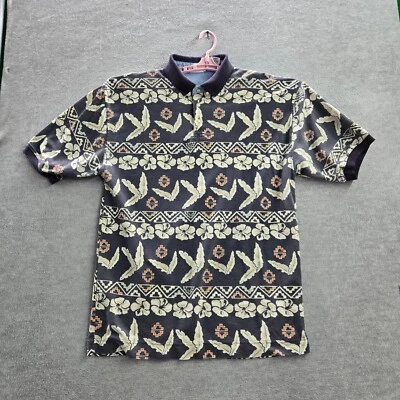 VINTAGE Bugle Boy Hombres Polo XL Azul Floral Geométrico Azteca Cuello Hawaiano Foto 1 de 4