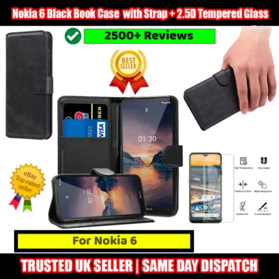 Funda libro negra Nokia 6 abatible con correa + protector de pantalla de vidrio templado 2.5D Foto 1 de 4