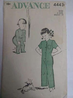 Pajamas One Piece Footed Infants 6M 1/2 Advance 4443 Sewing Pattern VTG 40s Pjs - Image 1 of 4