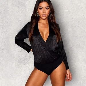 Boohoo Womens Black Satin Wrap Long Sleeve Bodysuit  UK 14  NWT - Picture 1 of 3