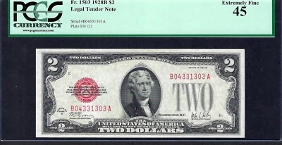 🇺🇸KEY NOTE 1928B $2 RED-SEAL ♚♚LEGAL TENDER♚♚ PCGS EXTREMELY FINE 45, GORGEOUS - Image 1 of 2