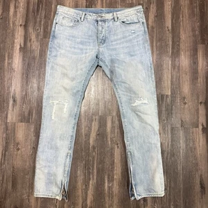 MNML Jeans Men’s 38x33 Blue Denim Distressed Skater Button Fly Moto Ankle Zip - Picture 1 of 7