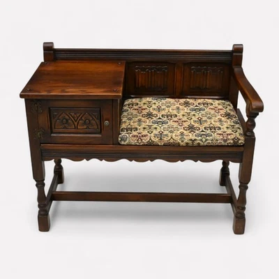 Old Charm Telephone Seat With Cupboard Cushion In Tudor Brown FREE* UK Delivery - Image 1 of 4