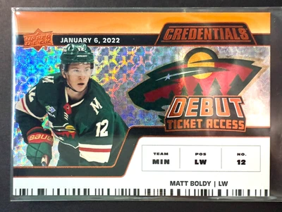 2022-23 Upper Deck Credentials Matt Boldy ORANGE Debut Ticket RC Rookie /149 - Image 1 of 2