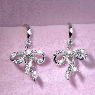 Women's Bow Drop Hook Earrings Round Cut Simulated Diamond 14k White Gold Plated - Image 1 of 4