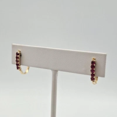 14K Yellow Gold Round Ruby Row Half Hoop Claw Hook Huggie Illusion Earrings - Image 1 of 4