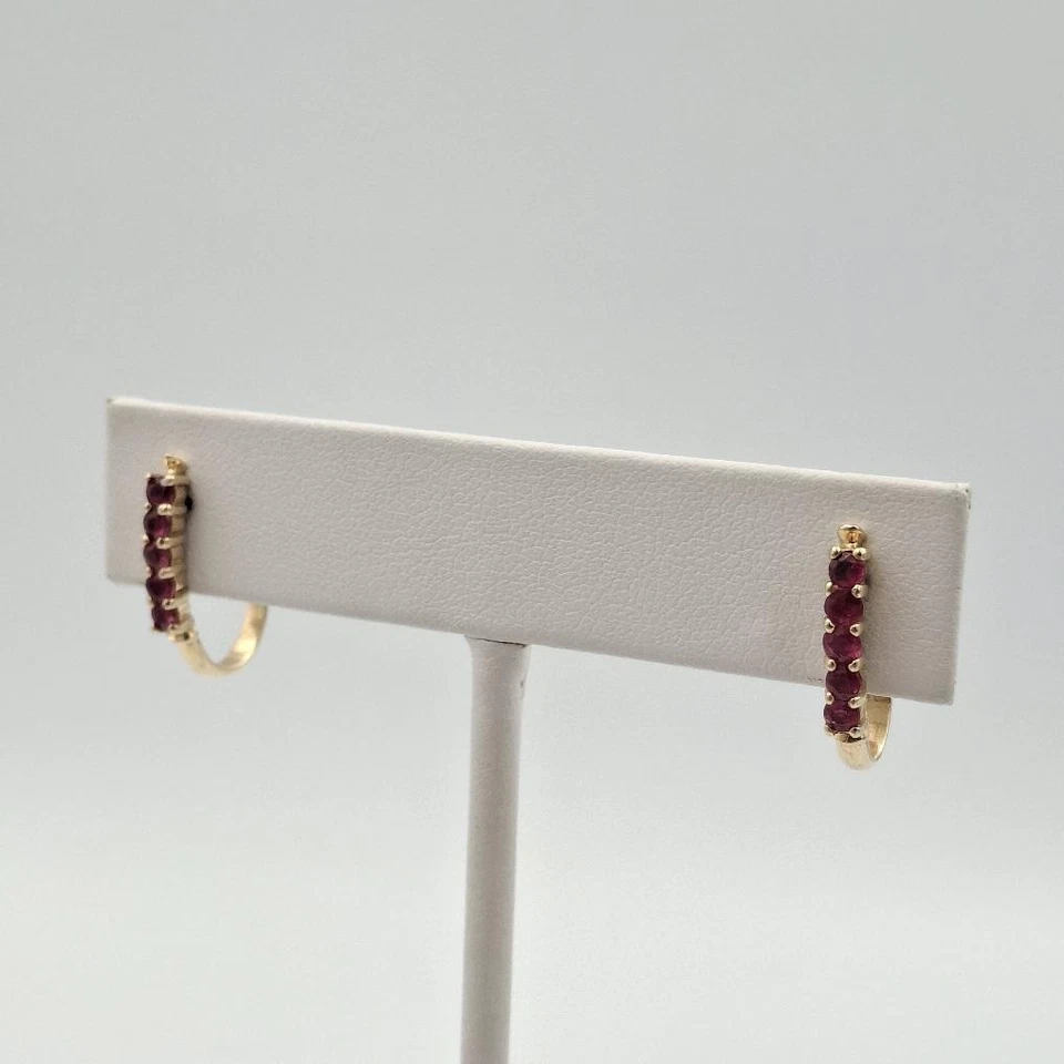 14K Yellow Gold Round Ruby Row Half Hoop Claw Hook Huggie Illusion Earrings - Image 1 of 4